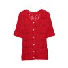 Round neck short sleeved single breasted hollow knit sweater for women